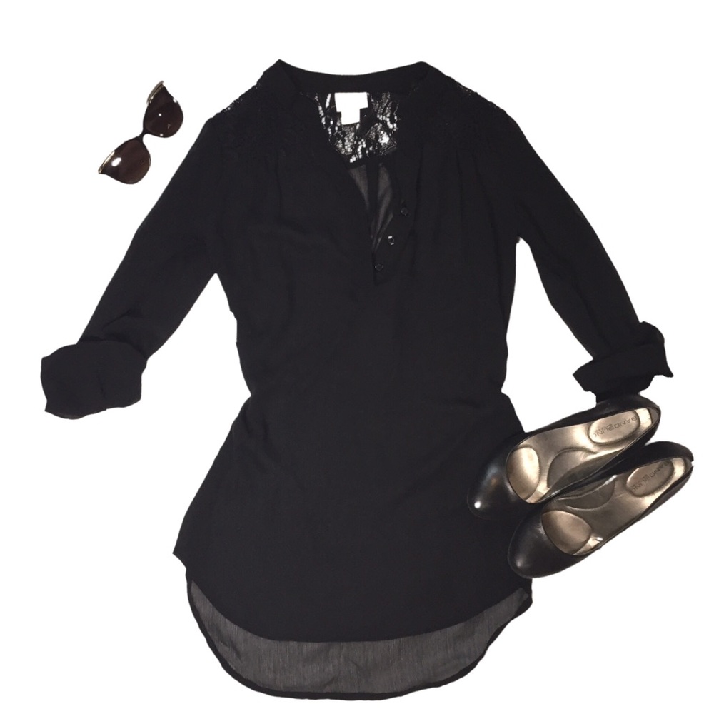 🔴 Mossimo Black Sheer Blouse Lace Accents SZ XS